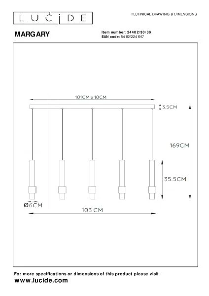 Lucide MARGARY - Pendant light - LED Dim. - 5x4,2W 2700K - Black - technical